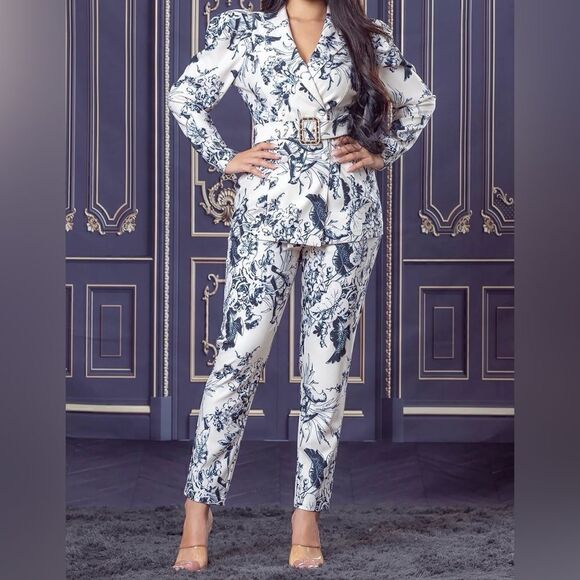 Bird Print Jacket and Cigarette Pants